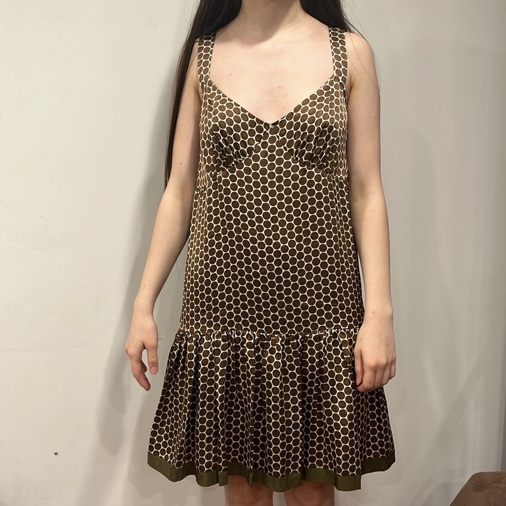 ALVIN Silk Sleeveless Dress Hip Raffle Polka Dot Dress Brown White size 4